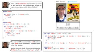 case class State[S, A](run: S => (S, A)) {
def flatMap[B](g: A => State[S, B]): State[S, B] = State { (s0: S) =>
val (s1, a) = run(s0)
g(a).run(s1)
}
def map[B](f: A => B): State[S, B] = flatMap( a => State.point(f(a)) )
}
object State {
def point[S, A](v: A): State[S, A] = State(run = s => (s, v))
}
object State {
def unit[S, A](a: => A): State[S, A] =
State { s =>
(s, a)
}
}
import State._
case class State[S, A](run: S => (S, A)) {
def map[B](f: A => B): State[S, B]
flatMap(a => unit(f(a)))
def flatMap[B](f: A => State[S, B]): State[S, B] =
State { s =>
val (s1, a) = run(s)
f(a).run(s1)
}
}
Alvin Alexander @alvinalexander
Below is the State monad implementation we ended
up with and on the right hand side you can see the
implementation presented by Alvin in his book.
The only real difference is that the unit function is
called point and its parameter is passed by name
rather than by value.
A minor difference is that the function parameter of
flatMap is called g whereas that of map is called f.
 