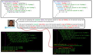 scala> val maybeCompositeMessage =
| Some("Hello") flatMap { greeting =>
| println("in function passed to 1st flatMap")
| Some("Fred") flatMap { name =>
| println("in function passed to 2nd flatMap")
| Some("Smith") map { surname =>
| println("in function passed to map")
| s"$greeting $name $surname!"
| }
| }
| }
in function passed to 1st flatMap
in function passed to 2nd flatMap
in function passed to map
maybeCompositeMessage: Option[String] = Some(Hello Fred Smith!)
scala> val compositeStateAction =
| increment flatMap{ a1 =>
| println("in function passed to 1st flatMap")
| increment flatMap { a2 =>
| println("in function passed to 2nd flatMap")
| increment map { a3 =>
| println("in function passed to map")
| a1 + a2 + a3
| }
| }
| }
compositeStateAction: State[Int,Int] =
State(State$$Lambda$1399/2090142523@7d6ccad7)
scala> compositeStateAction.run(2)
in function passed to 1st flatMap
in function passed to 2nd flatMap
in function passed to map
res0: (Int, Int) = (5,12)
val maybeCompositeMessage =
Some("Hello") flatMap { greeting =>
println("in function passed to 1st flatMap")
Some("Fred") flatMap { name =>
println("in function passed to 2nd flatMap")
Some("Smith") map { surname =>
println("in function passed to map")
s"$greeting $name $surname!"
}
}
}
val compositeStateAction =
increment flatMap { a1 =>
println("in function passed to 1st flatMap")
increment flatMap { a2 =>
println("in function passed to 2nd flatMap")
increment map { a3 =>
println("in function passed to map")
a1 + a2 + a3
}
}
}
In the case of computing the composite Option, the functions passed to map and flatMap are all exercised during that
computation and the result we seek is contained in the resulting option.
In the case of computing the composite state action, none of the functions passed to map and flatMap are exercised during that
computation. The result we seek is obtained, at a later time of our choosing, from the resulting composite state action, by invoking
its run function with an initial state, and it is only at that point that the functions passed to map and flatMap are exercised.@philip_schwarz
 