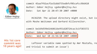 His 1st core
commit was
10 years ago!
Gábor Hojtsy
 