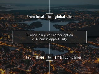 toFrom local global sites
small companiesFrom large to
Drupal is a great career option  
& business opportunity
 