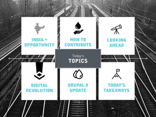 INDIA =
OPPORTUNITY
LOOKING 
AHEAD
HOW TO
CONTRIBUTE
DRUPAL 8
UPDATE
DIGITAL 
REVOLUTION
TODAY’S 
TAKEAWAYS
Today’s
TOPICS
 