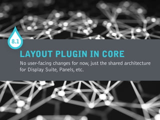 LAYOUT PLUGIN IN CORE  
No user-facing changes for now, just the shared architecture
for Display Suite, Panels, etc.
8.1
 