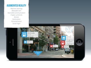 !
Augmented reality
Machine learning
Wearable tech
Near-ﬁeld communication
Crypto currencies
Drones
Geolocation
Personalization
Social login 
 