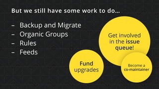 But we still have some work to do…
– Backup and Migrate
– Organic Groups
– Rules
– Feeds
Fund
upgrades
Get involved  
in the issue
queue!
Become a  
co-maintainer
 
