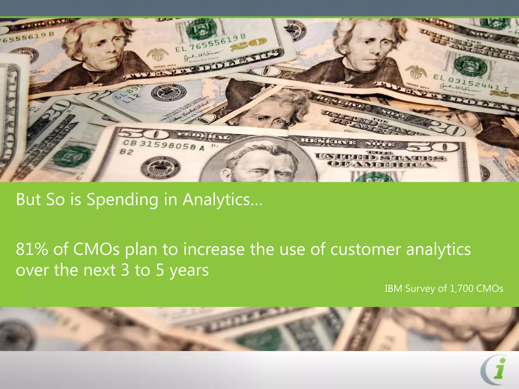 But So is Spending in Analytics…

81% of CMOs plan to increase the use of customer analytics
over the next 3 to 5 years
                                               IBM Survey of 1,700 CMOs
 