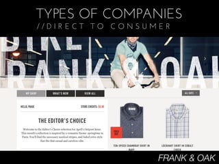 TYPES OF COMPANIES
//DIRECT TO CONSUMER




                  FRANK & OAK
 
