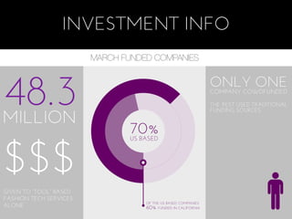 INVESTMENT INFO
                        MARCH FUNDED COMPANIES




48.3
MILLION

$$$
GIVEN TO “TOOL” BASED
FASHION TECH SERVICES
ALONE
 