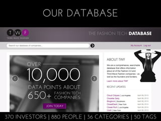 OUR DATABASE




370 INVESTORS | 880 PEOPLE | 36 CATEGORIES | 50 TAGS
 