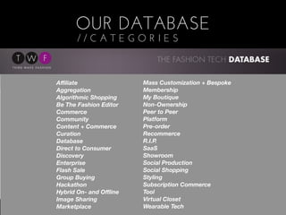 OUR DATABASE
               //CATEGORIES



         Aﬃliate                 Mass Customization + Bespoke
         Aggregation             Membership
         Algorithmic Shopping    My Boutique
         Be The Fashion Editor   Non-Ownership
         Commerce                Peer to Peer
         Community               Platform
         Content + Commerce      Pre-order
         Curation                Recommerce
         Database                R.I.P.
         Direct to Consumer      SaaS
         Discovery               Showroom
         Enterprise              Social Production
         Flash Sale              Social Shopping
         Group Buying            Styling
         Hackathon               Subscription Commerce
         Hybrid On- and Oﬄine    Tool
         Image Sharing           Virtual Closet
         Marketplace             Wearable Tech
370 INVESTORS | 880 PEOPLE | 36 CATEGORIES | 50 TAGS
 