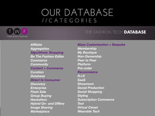 OUR DATABASE
               //CATEGORIES



         Aﬃliate                 Mass Customization + Bespoke
         Aggregation             Membership
         Algorithmic Shopping    My Boutique
         Be The Fashion Editor   Non-Ownership
         Commerce                Peer to Peer
         Community               Platform
         Content + Commerce      Pre-order
         Curation                Recommerce
         Database                R.I.P.
         Direct to Consumer      SaaS
         Discovery               Showroom
         Enterprise              Social Production
         Flash Sale              Social Shopping
         Group Buying            Styling
         Hackathon               Subscription Commerce
         Hybrid On- and Oﬄine    Tool
         Image Sharing           Virtual Closet
         Marketplace             Wearable Tech
370 INVESTORS | 880 PEOPLE | 36 CATEGORIES | 50 TAGS
 