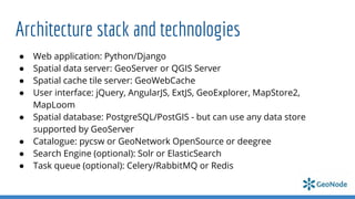 Architecture stack and technologies
● Web application: Python/Django
● Spatial data server: GeoServer or QGIS Server
● Spatial cache tile server: GeoWebCache
● User interface: jQuery, AngularJS, ExtJS, GeoExplorer, MapStore2,
MapLoom
● Spatial database: PostgreSQL/PostGIS - but can use any data store
supported by GeoServer
● Catalogue: pycsw or GeoNetwork OpenSource or deegree
● Search Engine (optional): Solr or ElasticSearch
● Task queue (optional): Celery/RabbitMQ or Redis
 