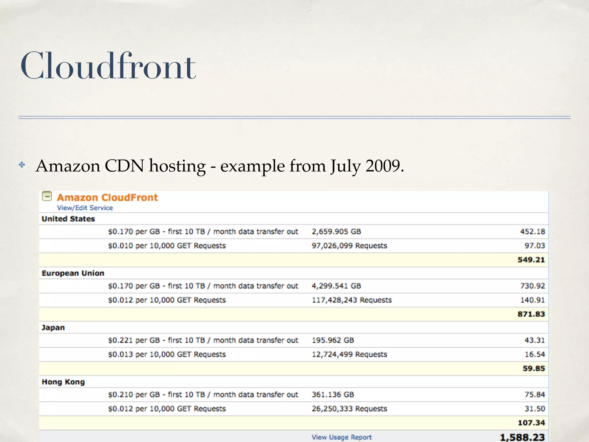 Cloudfront

✤   Amazon CDN hosting - example from July 2009.
 