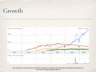 Growth




  http://google.com/trends?q=jquery+javascript%2C+prototype+javascript%2C+dojo+javascript%2C+mootools+javascript%2C+yui
                                        +javascript&ctab=0&geo=all&date=all&sort=0
 