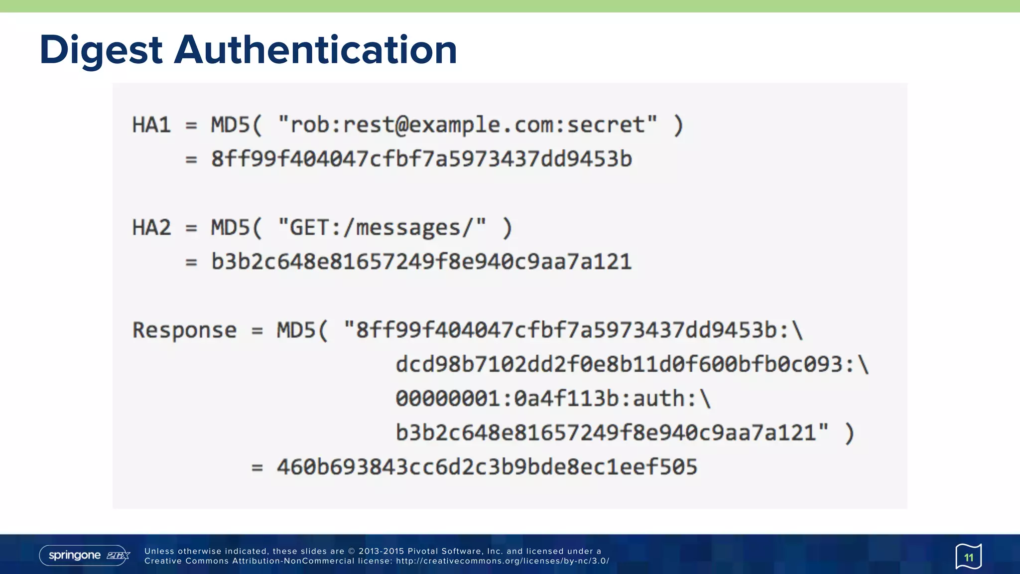 Unless otherwise indicated, these slides are © 2013-2015 Pivotal Software, Inc. and licensed under a
Creative Commons Attribution-NonCommercial license: http://creativecommons.org/licenses/by-nc/3.0/
Digest Authentication
11
 