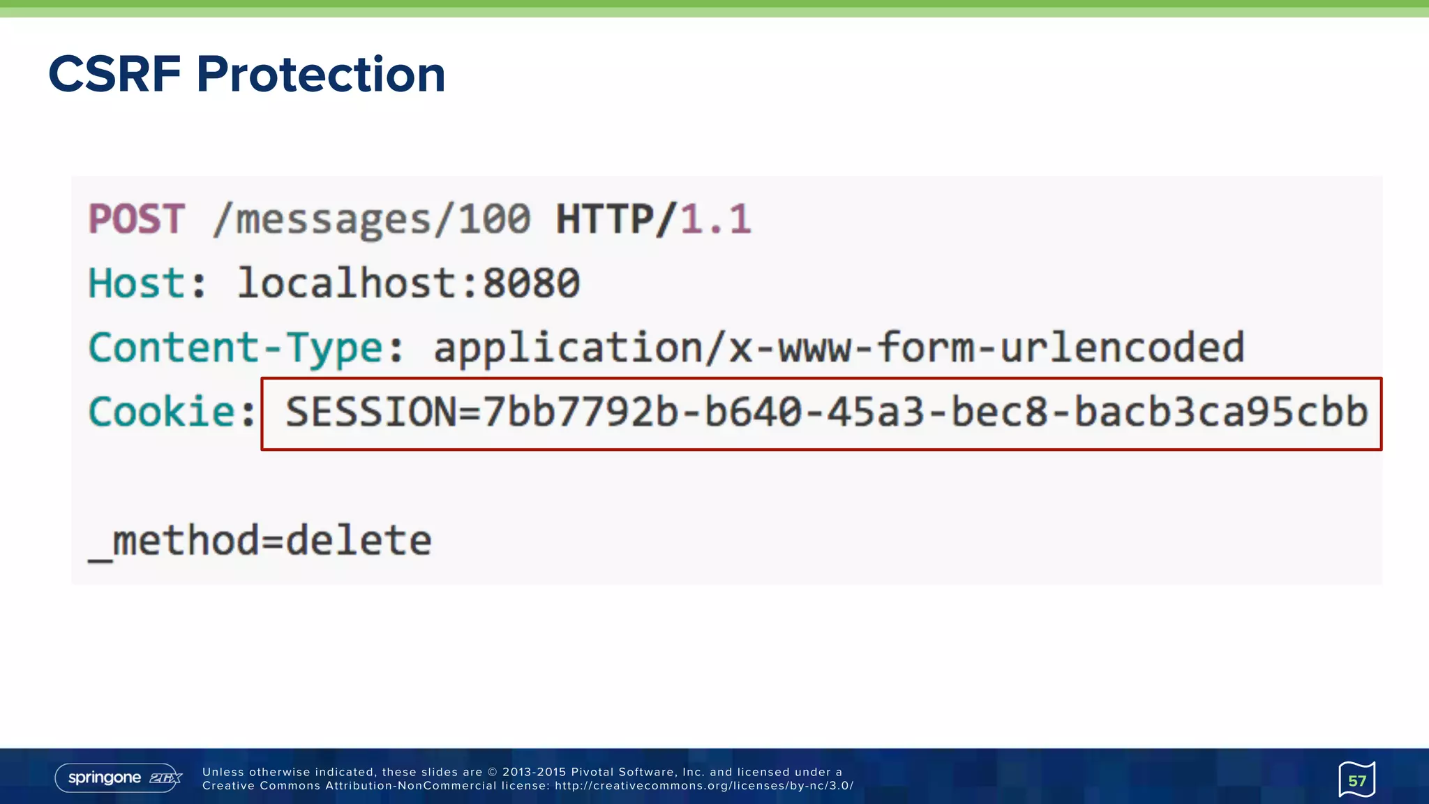 Unless otherwise indicated, these slides are © 2013-2015 Pivotal Software, Inc. and licensed under a
Creative Commons Attribution-NonCommercial license: http://creativecommons.org/licenses/by-nc/3.0/
CSRF Protection
57
 