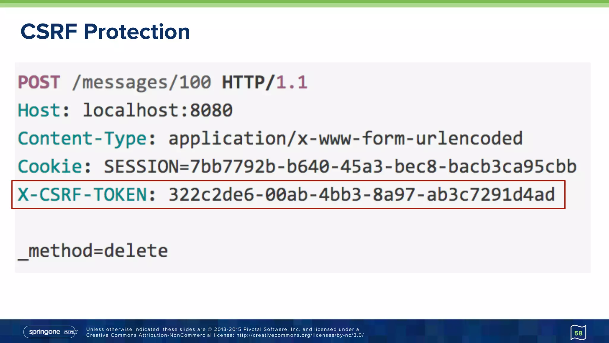 Unless otherwise indicated, these slides are © 2013-2015 Pivotal Software, Inc. and licensed under a
Creative Commons Attribution-NonCommercial license: http://creativecommons.org/licenses/by-nc/3.0/
CSRF Protection
58
 