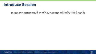 Unless otherwise indicated, these slides are © 2013-2015 Pivotal Software, Inc. and licensed under a
Creative Commons Attribution-NonCommercial license: http://creativecommons.org/licenses/by-nc/3.0/
Introduce Session
22
username=winch&name=Rob+Winch
 