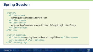 Unless otherwise indicated, these slides are © 2013-2015 Pivotal Software, Inc. and licensed under a
Creative Commons Attribution-NonCommercial license: http://creativecommons.org/licenses/by-nc/3.0/
Spring Session
39
<filter>
<filter-name>
springSessionRepositoryFilter
</filter-name>
<filter-class>
org.springframework.web.filter.DelegatingFilterProxy
</filter-class>
</filter>
<filter-mapping>
<filter-name>springSessionRepositoryFilter</filter-name>
<url-pattern>/*</url-pattern>
</filter-mapping>
 