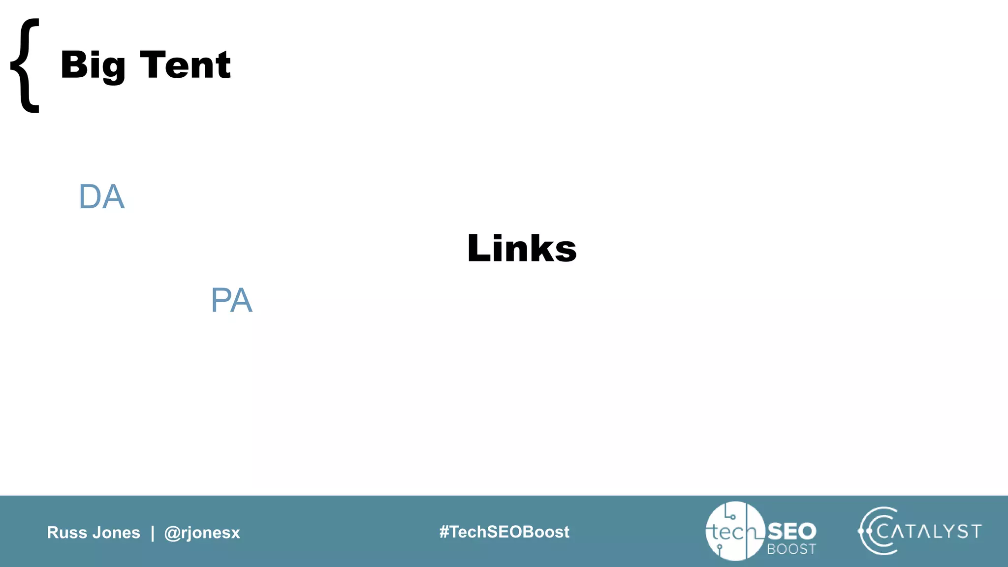 Russ Jones | @rjonesx #TechSEOBoost
Big Tent{
DA
PA
Links
 