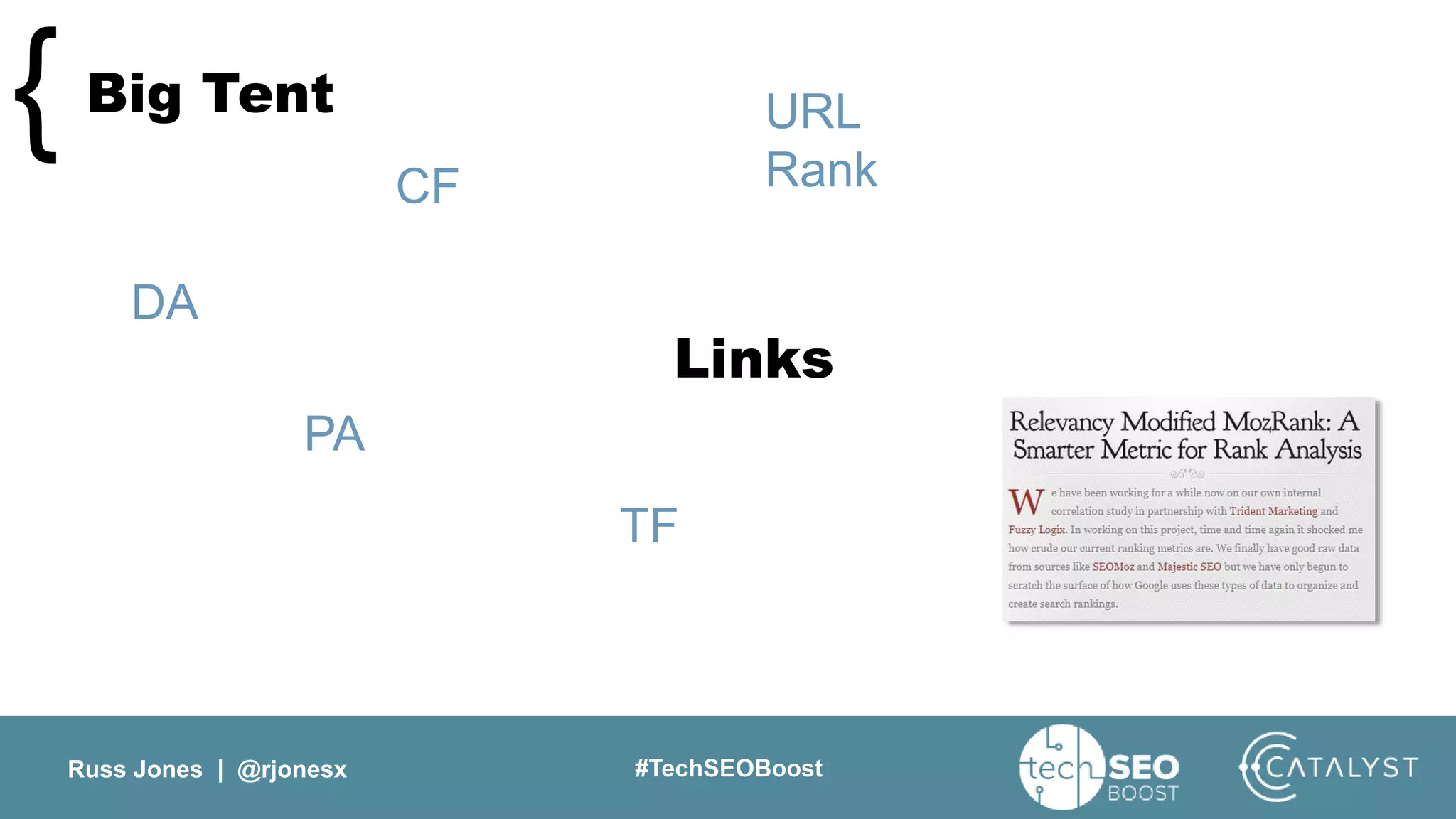 Russ Jones | @rjonesx #TechSEOBoost
Big Tent{
TF
PA
CF
DA
URL
Rank
Links
 