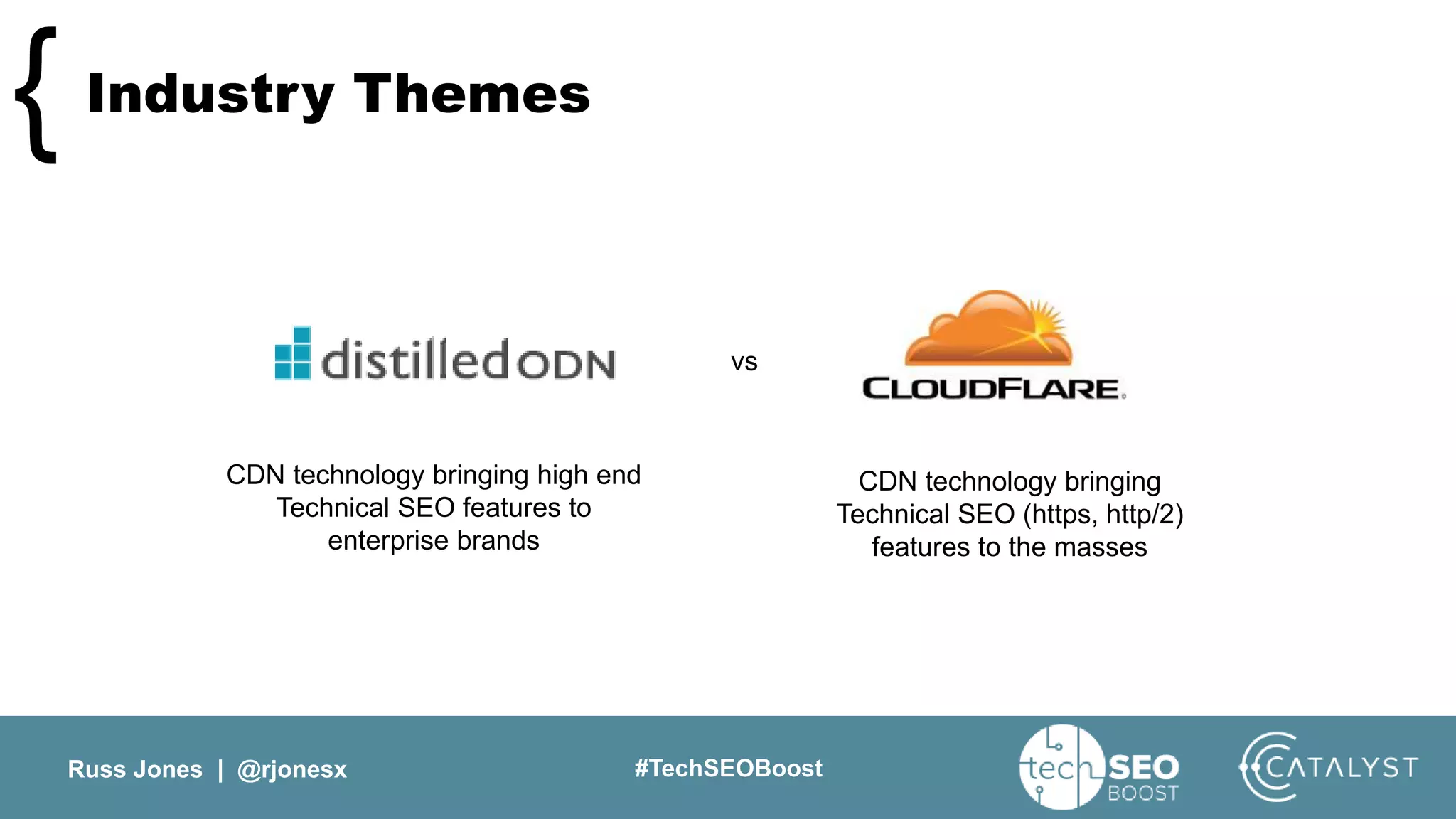 Russ Jones | @rjonesx #TechSEOBoost
Industry Themes{
vs
CDN technology bringing high end
Technical SEO features to
enterprise brands
CDN technology bringing
Technical SEO (https, http/2)
features to the masses
 