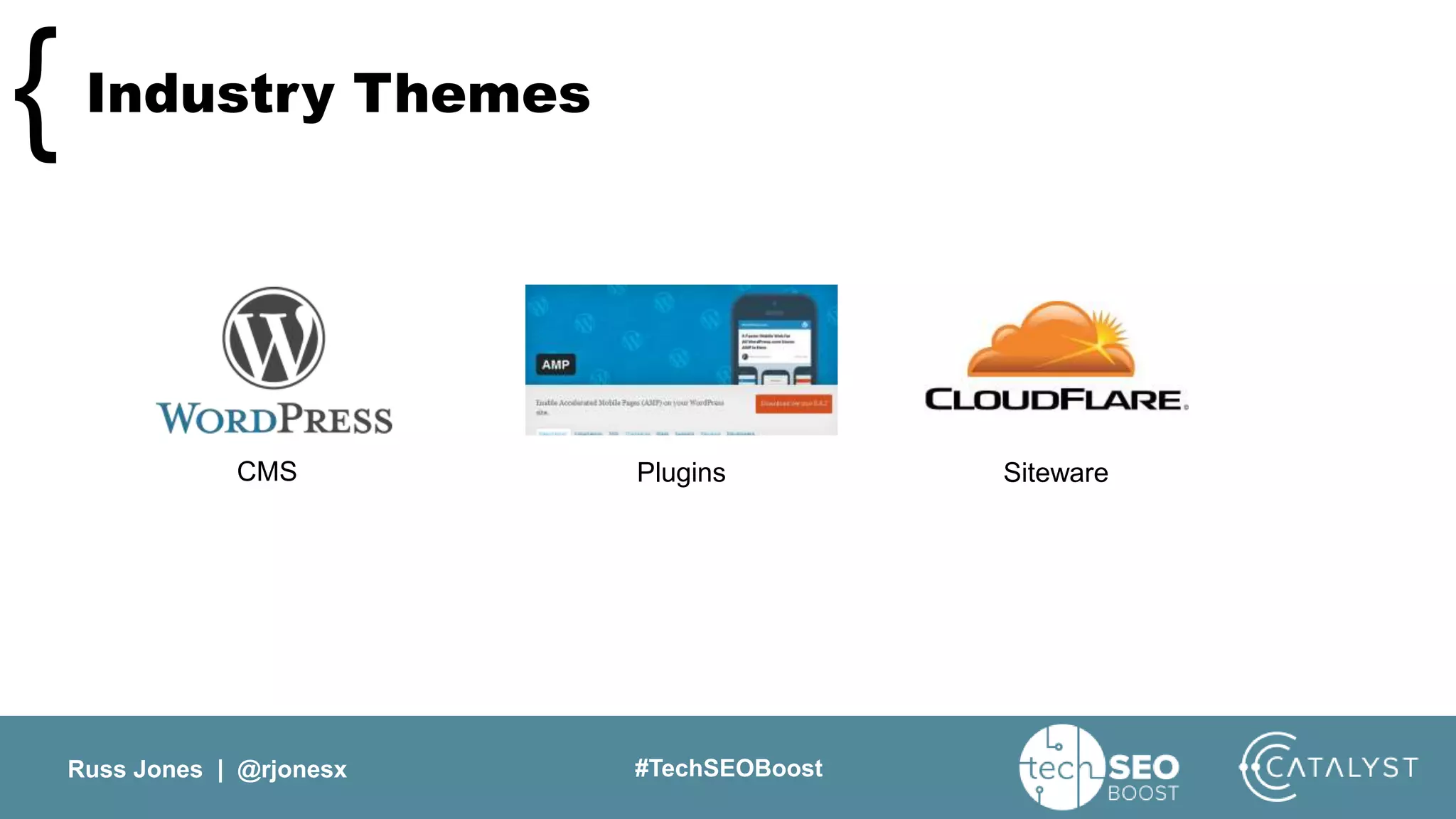 Russ Jones | @rjonesx #TechSEOBoost
Industry Themes{
Plugins SitewareCMS
 