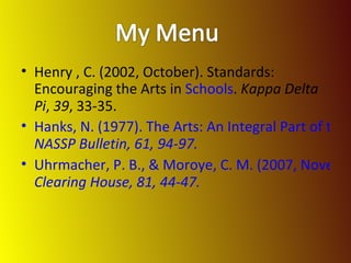 Henry , C. (2002, October). Standards: Encouraging the Arts in  Schools .  Kappa Delta Pi ,  39 , 33-35. Hanks, N. (1977). The Arts: An Integral Part of the School Curriculum.  NASSP Bulletin ,  61 , 94-97. Uhrmacher, P. B., & Moroye, C. M. (2007, November). Instituting the Arts.  Clearing House ,  81 , 44-47. 