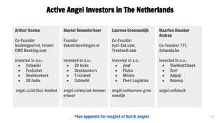 Active Angel Investors in The Netherlands
11
Arthur Kosten
Co-founder
bookingportal, former
CMO Booking.com
Invested in a....