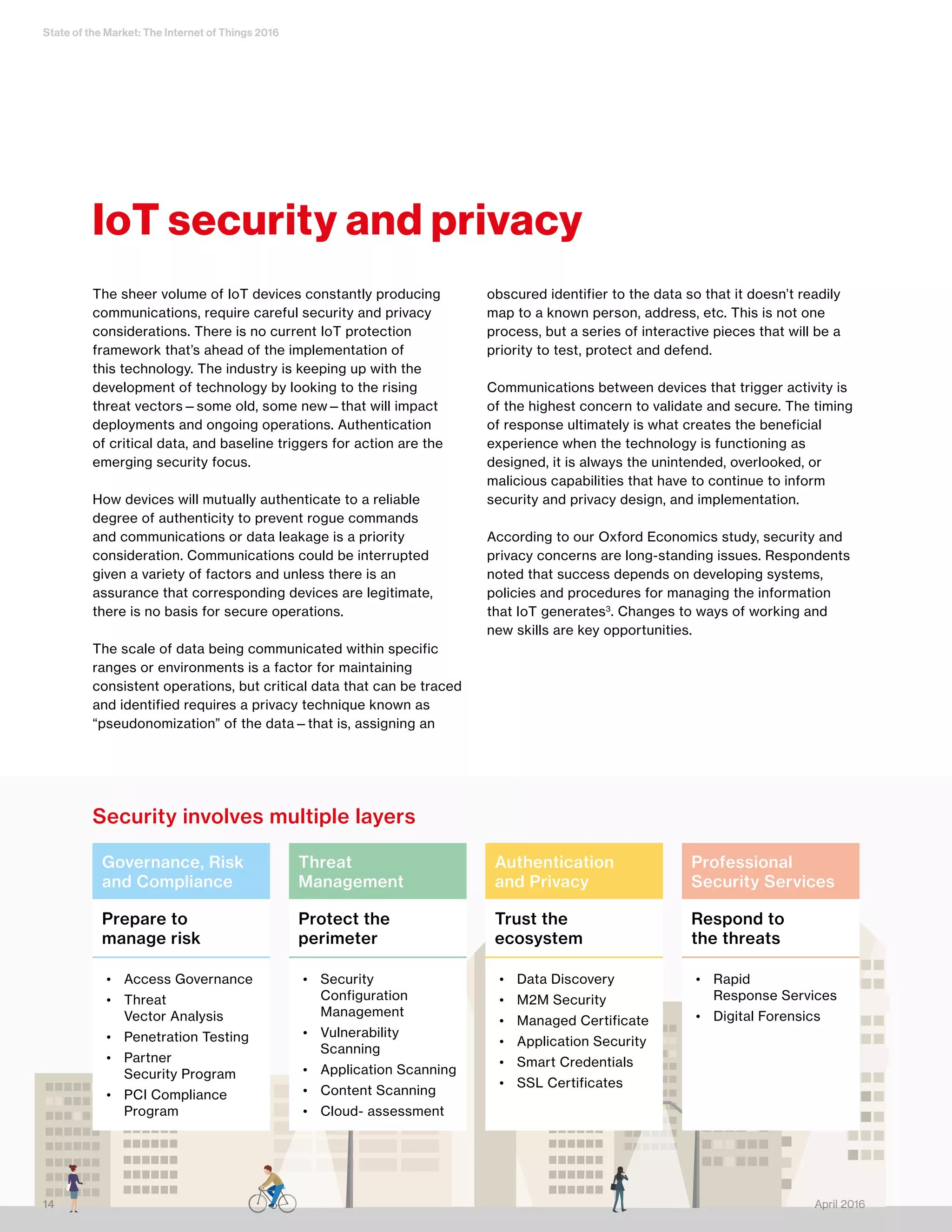 State of the Market: The Internet of Things 2016
14 April 2016
Governance, Risk
and Compliance
Threat
Management
Authentication
and Privacy
Professional
Security Services
Prepare to
manage risk
Protect the
perimeter
Trust the
ecosystem
Respond to
the threats
•	 Access Governance
•	 Threat
Vector Analysis
•	 Penetration Testing
•	 Partner
Security Program
•	 PCI Compliance
Program
•	 Data Discovery
•	 M2M Security
•	 Managed Certificate
•	 Application Security
•	 Smart Credentials
•	 SSL Certificates
•	 Rapid
Response Services
•	 Digital Forensics
•	 Security
Configuration
Management
•	 Vulnerability
Scanning
•	 Application Scanning
•	 Content Scanning
•	 Cloud- assessment
Security involves multiple layers
IoT security and privacy
The sheer volume of IoT devices constantly producing
communications, require careful security and privacy
considerations. There is no current IoT protection
framework that’s ahead of the implementation of
this technology. The industry is keeping up with the
development of technology by looking to the rising
threat vectors—some old, some new—that will impact
deployments and ongoing operations. Authentication
of critical data, and baseline triggers for action are the
emerging security focus.
How devices will mutually authenticate to a reliable
degree of authenticity to prevent rogue commands
and communications or data leakage is a priority
consideration. Communications could be interrupted
given a variety of factors and unless there is an
assurance that corresponding devices are legitimate,
there is no basis for secure operations.
The scale of data being communicated within specific
ranges or environments is a factor for maintaining
consistent operations, but critical data that can be traced
and identified requires a privacy technique known as
“pseudonomization” of the data—that is, assigning an
obscured identifier to the data so that it doesn’t readily
map to a known person, address, etc. This is not one
process, but a series of interactive pieces that will be a
priority to test, protect and defend.
Communications between devices that trigger activity is
of the highest concern to validate and secure. The timing
of response ultimately is what creates the beneficial
experience when the technology is functioning as
designed, it is always the unintended, overlooked, or
malicious capabilities that have to continue to inform
security and privacy design, and implementation.
According to our Oxford Economics study, security and
privacy concerns are long-standing issues. Respondents
noted that success depends on developing systems,
policies and procedures for managing the information
that IoT generates3
. Changes to ways of working and
new skills are key opportunities.
April 201614
 