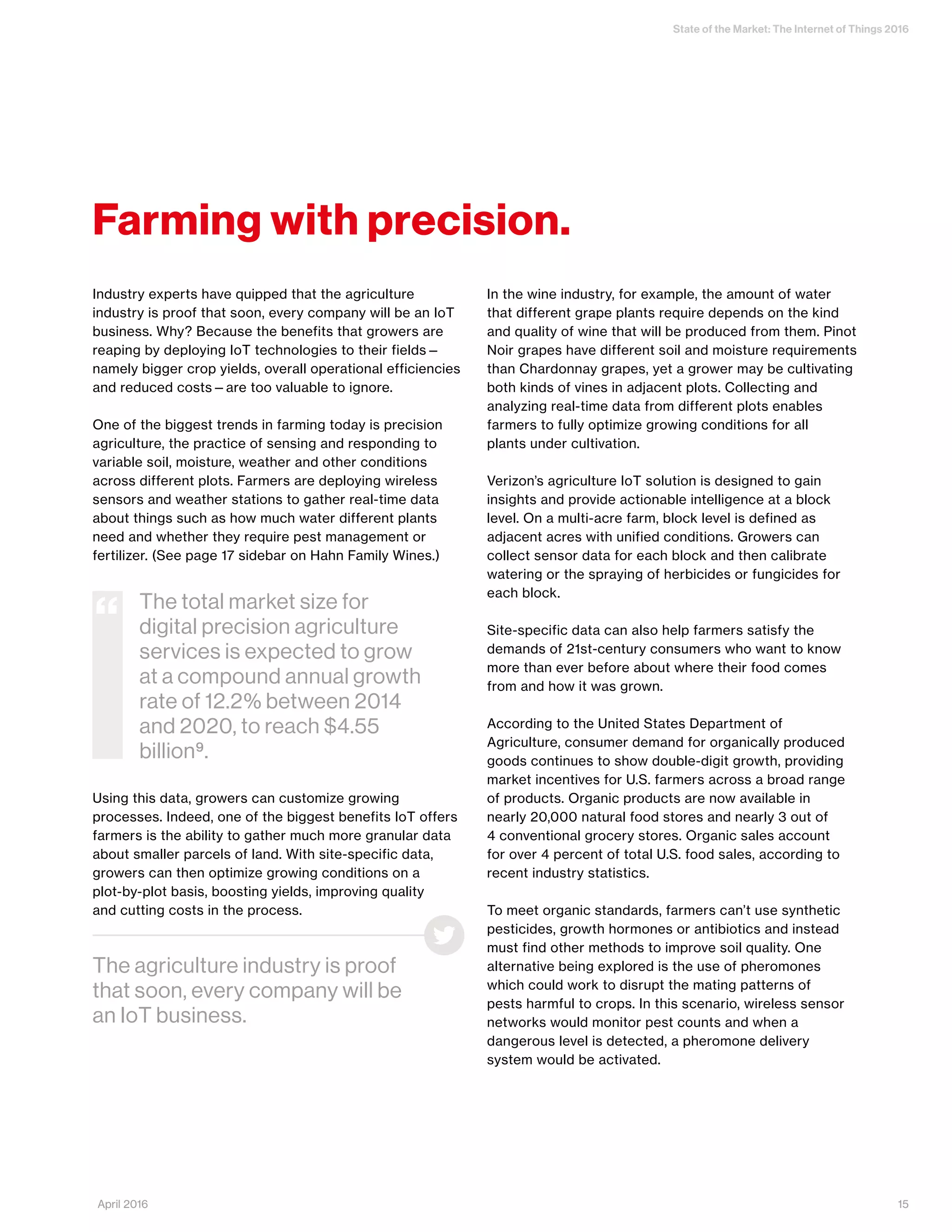 State of the Market: The Internet of Things 2016
15April 2016
Industry experts have quipped that the agriculture
industry is proof that soon, every company will be an IoT
business. Why? Because the benefits that growers are
reaping by deploying IoT technologies to their fields—
namely bigger crop yields, overall operational efficiencies
and reduced costs—are too valuable to ignore.
One of the biggest trends in farming today is precision
agriculture, the practice of sensing and responding to
variable soil, moisture, weather and other conditions
across different plots. Farmers are deploying wireless
sensors and weather stations to gather real-time data
about things such as how much water different plants
need and whether they require pest management or
fertilizer. (See page 17 sidebar on Hahn Family Wines.)
Using this data, growers can customize growing
processes. Indeed, one of the biggest benefits IoT offers
farmers is the ability to gather much more granular data
about smaller parcels of land. With site-specific data,
growers can then optimize growing conditions on a
plot-by-plot basis, boosting yields, improving quality
and cutting costs in the process.
In the wine industry, for example, the amount of water
that different grape plants require depends on the kind
and quality of wine that will be produced from them. Pinot
Noir grapes have different soil and moisture requirements
than Chardonnay grapes, yet a grower may be cultivating
both kinds of vines in adjacent plots. Collecting and
analyzing real-time data from different plots enables
farmers to fully optimize growing conditions for all
plants under cultivation.
Verizon’s agriculture IoT solution is designed to gain
insights and provide actionable intelligence at a block
level. On a multi-acre farm, block level is defined as
adjacent acres with unified conditions. Growers can
collect sensor data for each block and then calibrate
watering or the spraying of herbicides or fungicides for
each block.
Site-specific data can also help farmers satisfy the
demands of 21st-century consumers who want to know
more than ever before about where their food comes
from and how it was grown.
According to the United States Department of
Agriculture, consumer demand for organically produced
goods continues to show double-digit growth, providing
market incentives for U.S. farmers across a broad range
of products. Organic products are now available in
nearly 20,000 natural food stores and nearly 3 out of
4 conventional grocery stores. Organic sales account
for over 4 percent of total U.S. food sales, according to
recent industry statistics.
To meet organic standards, farmers can’t use synthetic
pesticides, growth hormones or antibiotics and instead
must find other methods to improve soil quality. One
alternative being explored is the use of pheromones
which could work to disrupt the mating patterns of
pests harmful to crops. In this scenario, wireless sensor
networks would monitor pest counts and when a
dangerous level is detected, a pheromone delivery
system would be activated.
The total market size for
digital precision agriculture
services is expected to grow
at a compound annual growth
rate of 12.2% between 2014
and 2020, to reach $4.55
billion9.
“
Farming with precision.
The agriculture industry is proof
that soon, every company will be
an IoT business.
 