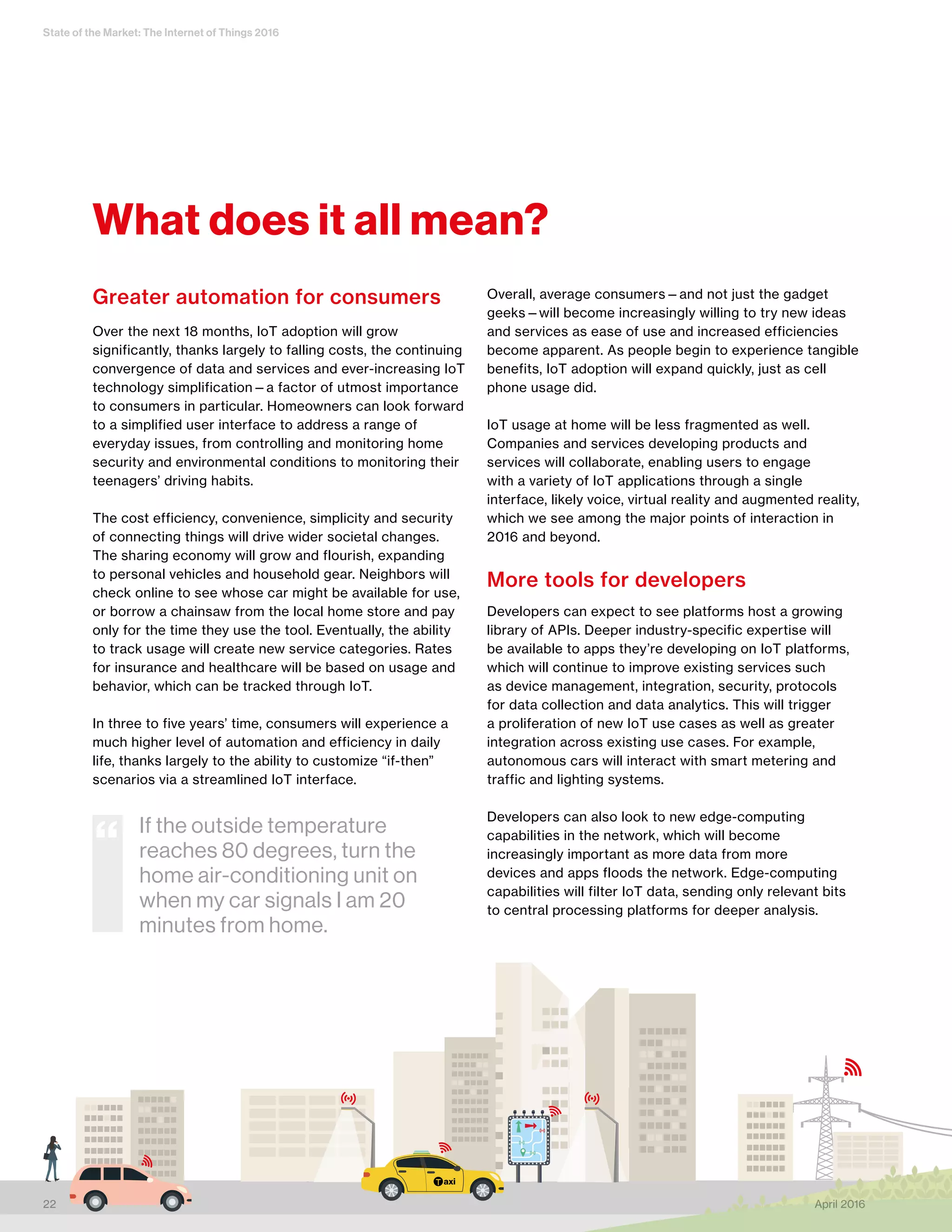 State of the Market: The Internet of Things 2016
axi
22 April 2016
Greater automation for consumers
Over the next 18 months, IoT adoption will grow
significantly, thanks largely to falling costs, the continuing
convergence of data and services and ever-increasing IoT
technology simplification—a factor of utmost importance
to consumers in particular. Homeowners can look forward
to a simplified user interface to address a range of
everyday issues, from controlling and monitoring home
security and environmental conditions to monitoring their
teenagers’ driving habits.
The cost efficiency, convenience, simplicity and security
of connecting things will drive wider societal changes.
The sharing economy will grow and flourish, expanding
to personal vehicles and household gear. Neighbors will
check online to see whose car might be available for use,
or borrow a chainsaw from the local home store and pay
only for the time they use the tool. Eventually, the ability
to track usage will create new service categories. Rates
for insurance and healthcare will be based on usage and
behavior, which can be tracked through IoT.
In three to five years’ time, consumers will experience a
much higher level of automation and efficiency in daily
life, thanks largely to the ability to customize “if-then”
scenarios via a streamlined IoT interface.
Overall, average consumers—and not just the gadget
geeks—will become increasingly willing to try new ideas
and services as ease of use and increased efficiencies
become apparent. As people begin to experience tangible
benefits, IoT adoption will expand quickly, just as cell
phone usage did.
IoT usage at home will be less fragmented as well.
Companies and services developing products and
services will collaborate, enabling users to engage
with a variety of IoT applications through a single
interface, likely voice, virtual reality and augmented reality,
which we see among the major points of interaction in
2016 and beyond.
More tools for developers
Developers can expect to see platforms host a growing
library of APIs. Deeper industry-specific expertise will
be available to apps they’re developing on IoT platforms,
which will continue to improve existing services such
as device management, integration, security, protocols
for data collection and data analytics. This will trigger
a proliferation of new IoT use cases as well as greater
integration across existing use cases. For example,
autonomous cars will interact with smart metering and
traffic and lighting systems.
Developers can also look to new edge-computing
capabilities in the network, which will become
increasingly important as more data from more
devices and apps floods the network. Edge-computing
capabilities will filter IoT data, sending only relevant bits
to central processing platforms for deeper analysis.
What does it all mean?
If the outside temperature
reaches 80 degrees, turn the
home air-conditioning unit on
when my car signals I am 20
minutes from home.
“
 