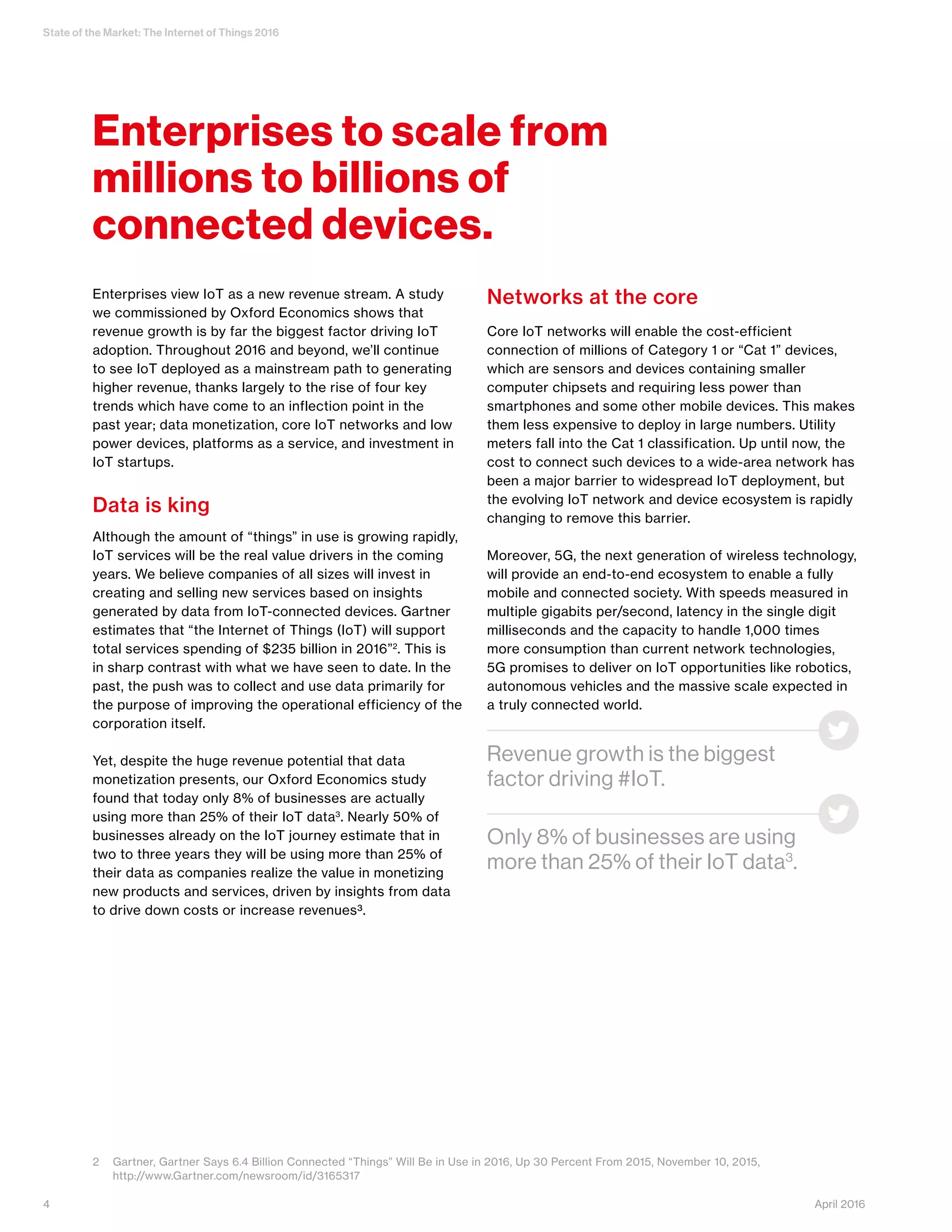 State of the Market: The Internet of Things 2016
4 April 2016
Enterprises view IoT as a new revenue stream. A study
we commissioned by Oxford Economics shows that
revenue growth is by far the biggest factor driving IoT
adoption. Throughout 2016 and beyond, we’ll continue
to see IoT deployed as a mainstream path to generating
higher revenue, thanks largely to the rise of four key
trends which have come to an inflection point in the
past year; data monetization, core IoT networks and low
power devices, platforms as a service, and investment in
IoT startups.
Data is king
Although the amount of “things” in use is growing rapidly,
IoT services will be the real value drivers in the coming
years. We believe companies of all sizes will invest in
creating and selling new services based on insights
generated by data from IoT-connected devices. Gartner
estimates that “the Internet of Things (IoT) will support
total services spending of $235 billion in 2016”2
. This is
in sharp contrast with what we have seen to date. In the
past, the push was to collect and use data primarily for
the purpose of improving the operational efficiency of the
corporation itself.
Yet, despite the huge revenue potential that data
monetization presents, our Oxford Economics study
found that today only 8% of businesses are actually
using more than 25% of their IoT data3
. Nearly 50% of
businesses already on the IoT journey estimate that in
two to three years they will be using more than 25% of
their data as companies realize the value in monetizing
new products and services, driven by insights from data
to drive down costs or increase revenues3.
Networks at the core
Core IoT networks will enable the cost-efficient
connection of millions of Category 1 or “Cat 1” devices,
which are sensors and devices containing smaller
computer chipsets and requiring less power than
smartphones and some other mobile devices. This makes
them less expensive to deploy in large numbers. Utility
meters fall into the Cat 1 classification. Up until now, the
cost to connect such devices to a wide-area network has
been a major barrier to widespread IoT deployment, but
the evolving IoT network and device ecosystem is rapidly
changing to remove this barrier.
Moreover, 5G, the next generation of wireless technology,
will provide an end-to-end ecosystem to enable a fully
mobile and connected society. With speeds measured in
multiple gigabits per/second, latency in the single digit
milliseconds and the capacity to handle 1,000 times
more consumption than current network technologies,
5G promises to deliver on IoT opportunities like robotics,
autonomous vehicles and the massive scale expected in
a truly connected world.
Enterprises to scale from
millions to billions of
connected devices.
Only 8% of businesses are using
more than 25% of their IoT data3
.
Revenue growth is the biggest
factor driving #IoT.
2	 Gartner, Gartner Says 6.4 Billion Connected “Things” Will Be in Use in 2016, Up 30 Percent From 2015, November 10, 2015,
	http://www.Gartner.com/newsroom/id/3165317
 