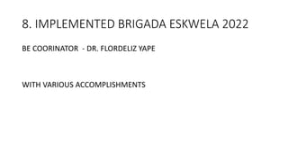 8. IMPLEMENTED BRIGADA ESKWELA 2022
BE COORINATOR - DR. FLORDELIZ YAPE
WITH VARIOUS ACCOMPLISHMENTS
 
