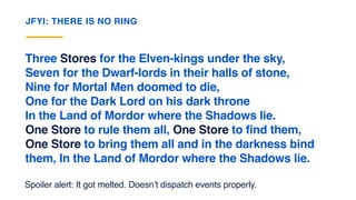 JFYI: THERE IS NO RING
Three Stores for the Elven-kings under the sky,
Seven for the Dwarf-lords in their halls of stone,
Nine for Mortal Men doomed to die,
One for the Dark Lord on his dark throne
In the Land of Mordor where the Shadows lie.
One Store to rule them all, One Store to find them,
One Store to bring them all and in the darkness bind
them, In the Land of Mordor where the Shadows lie.
Spoiler alert: It got melted. Doesn’t dispatch events properly.
 