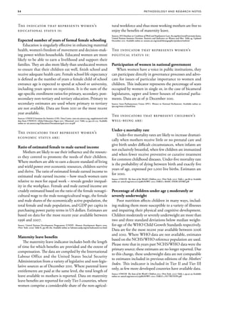 54                                                                                                                                       M e t h o d o l o g y a nd R e s e a r c h N ot e s




The indicator that represents women’s                                                                  tural workforce and thus most working mothers are free to
educational status is:                                                                                 enjoy the benefits of maternity leave.
                                                                                                       Sources: ILO Database on Conditions of Work and Employment Laws, ilo.org/dyn/travail/travmain.home;
                                                                                                       United Nations Statistics Division. Statistics and Indicators on Women and Men. Table 5g. Updated
Expected number of years of formal female schooling                                                    December 2011. Available online at: unstats.un.org/unsd/demographic/products/indwm/

    Education is singularly effective in enhancing maternal
health, women’s freedom of movement and decision-mak-                                                  The indicator that represents women’s
ing power within households. Educated women are more                                                   political status is:
likely to be able to earn a livelihood and support their
families. They are also more likely than uneducated women                                              Participation of women in national government
to ensure that their children eat well, finish school and                                                 When women have a voice in public institutions, they
receive adequate health care. Female school life expectancy                                            can participate directly in governance processes and advo-
is defined as the number of years a female child of school                                             cate for issues of particular importance to women and
entrance age is expected to spend at school or university,                                             children. This indicator represents the percentage of seats
including years spent on repetition. It is the sum of the                                              occupied by women in single or, in the case of bicameral
age-specific enrollment ratios for primary, secondary, post-                                           legislatures, upper and lower houses of national parlia-
secondary non-tertiary and tertiary education. Primary to                                              ments. Data are as of 31 December 2011.
secondary estimates are used where primary to tertiary                                                 Source: Inter-Parliamentary Union (IPU). Women in National Parliaments. Available online at:
                                                                                                       ipu.org/wmn-e/classif.htm
are not available. Data are from 2011 or the most recent
year available.
                                                                                                       The indicators that represent children’s
Sources: UNESCO Institute for Statistics (UIS). Data Centre. stats.uis.unesco.org, supplemented with
data from UNESCO. Global Education Digest 2011. (Montreal: 2011) Table 14, pp.216-225. Available       well-being are:
online at: uis.unesco.org/Education/Documents/ged-2011-en.pdf


                                                                                                       Under-5 mortality rate
The indicators that represent women’s
                                                                                                           Under-five mortality rates are likely to increase dramati-
economic status are:
                                                                                                       cally when mothers receive little or no prenatal care and
                                                                                                       give birth under difficult circumstances, when infants are
Ratio of estimated female to male earned income
                                                                                                       not exclusively breastfed, when few children are immunized
    Mothers are likely to use their influence and the resourc-
                                                                                                       and when fewer receive preventive or curative treatment
es they control to promote the needs of their children.
                                                                                                       for common childhood diseases. Under-five mortality rate
Where mothers are able to earn a decent standard of living
                                                                                                       is the probability of dying between birth and exactly five
and wield power over economic resources, children survive
                                                                                                       years of age, expressed per 1,000 live births. Estimates are
and thrive. The ratio of estimated female earned income to
                                                                                                       for 2010.
estimated male earned income – how much women earn
                                                                                                       Source: UNICEF. The State of the World’s Children 2012. (New York: 2012) Table 1, pp.88-91 Available
relative to men for equal work – reveals gender inequal-                                               online at: unicef.org/sowc2012/pdfs/SOWC-2012-TABLE-1-BASIC-INDICATORS.pdf

ity in the workplace. Female and male earned income are
crudely estimated based on the ratio of the female nonagri-                                            Percentage of children under age 5 moderately or
cultural wage to the male nonagricultural wage, the female                                             severely underweight
and male shares of the economically active population, the                                                 Poor nutrition affects children in many ways, includ-
total female and male population, and GDP per capita in                                                ing making them more susceptible to a variety of illnesses
purchasing power parity terms in US dollars. Estimates are                                             and impairing their physical and cognitive development.
based on data for the most recent year available between                                               Children moderately or severely underweight are more than
1996 and 2007.                                                                                         two and three standard deviations below median weight-
Source: United Nations Development Programme (UNDP). Human Development Report 2009.                    for-age of the WHO Child Growth Standards respectively.
(New  York: 2009) Table K, pp.186-189. Available online at: hdrstats.undp.org/en/indicators/130.html
                                                                                                       Data are for the most recent year available between 2006
                                                                                                       and 2010. Where WHO data are not available, estimates
Maternity leave benefits
                                                                                                       based on the NCHS/WHO reference population are used.
    The maternity leave indicator includes both the length
                                                                                                       Please note that in years past NCHS/WHO data were the
of time for which benefits are provided and the extent of
                                                                                                       primary source; these estimates are no longer reported. Due
compensation. The data are compiled by the International
                                                                                                       to this change, these underweight data are not comparable
Labour Office and the United States Social Security
                                                                                                       to estimates included in previous editions of the Mothers’
Administration from a variety of legislative and non-legis-
                                                                                                       Index. This indicator is included in Tier II and Tier III
lative sources as of December 2011. Where parental leave
                                                                                                       only, as few more developed countries have available data.
entitlements are paid at the same level, the total length of
                                                                                                       Source: UNICEF. The State of the World’s Children 2012. (New York: 2012) Table 2, pp.92-95 Available
leave available to mothers is reported. Data on maternity                                              online at: unicef.org/sowc2012/pdfs/SOWC-2012-TABLE-2-NUTRITION.pdf

leave benefits are reported for only Tier I countries, where
women comprise a considerable share of the non-agricul-
 