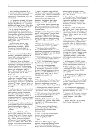 62




132 WHO. Exclusive Breastfeeding for Six         142 Bartick Melissa and Arnold Reinhold.        of Breast-Feeding in Europe: Current
Months is Best for Babies Everywhere. January    “The Burden of Suboptimal Breastfeeding in      Situation.” Public Health Nutrition. Vol. 8,
15, 2011. who.int/mediacentre/news/              the United States: A Pediatric Cost Analysis”   No.1. 2005. pp.39-46
statements/2011/breastfeeding_20110115/          Pediatrics. April 5, 2010. pp.e1048–e1056
                                                                                                 160 Hofvander, Yngve. “Breastfeeding and the
en/index.html
                                                 143 Department of Health (United                Baby Friendly Hospitals Initiative (BFHI):
133 U.S. Department of Health and Human          Kingdom). Breastfeeding: Good Practice          Organization, Response and Outcome
Services. The Surgeon General’s Call to Action   Guidance to the NHS. London: 1995)              in Sweden and Other Countries.” Acta
to Support Breastfeeding. (U.S. Department                                                       Paediatrica. Vol. 94, No. 8. August 2005.
                                                 144 WHO Europe Region. Nutrition: Facts
of Health and Human Services, Office of the                                                      pp.1012–1016
                                                 and Figures. euro.who.int/en/what-we-do/
Surgeon General: Washington DC: 2011)
                                                 health-topics/disease-prevention/nutrition/     161 Ogbuanu, Chinelo, Saundra Glover,
134
   See, for example: Ladomenou, Fani,            facts-and-figures                               Janice Probst, Jihong Liu and James Hussey.
Joanna Moschandreas, Anthony Kafatos,                                                            “The Effect of Maternity Leave Length and
                                                 145 Ogden, Cynthia, Margaret Carroll, Lester
Yiannis Tselentis and Emmanouil Galanakis.                                                       Time of Return to Work on Breastfeeding.”
                                                 Curtin, Molly Lamb and Katherine Flegal.
“Protective Effect of Exclusive Breastfeeding                                                    Pediatrics. Vol.127, Issue: 6. May 30, 2011.
                                                 “Prevalence of High Body Mass Index in
Against Infections During Infancy: A                                                             pp.e1414-e1427
                                                 US Children and Adolescents, 2007-2008.”
Prospective Study.” Archives of Disease in
                                                 Journal of the American Medical Association.    162 The category “more developed” nations
Childhood. Vol. 95, No.12. September 27,
                                                 Vol.303, No. 3. January 13, 2010. pp.242-       includes countries in all regions of Europe,
2010. pp.1004-1008.
                                                 249                                             including Central and Eastern European
135 See, for example: Iacovou, Maria                                                             countries as well as the Baltic States, plus
                                                 146 WHO. The Global Health Observatory
and Almudena Sevilla-Sanz. The Effect                                                            Northern America, Australia, New Zealand
                                                 Data Repository (Accessed April 2012)
of Breastfeeding on Children’s Cognitive                                                         and Japan.
Development. (Institute for Social              147 Calculations by Save the Children.
                                                                                                 163 Statistics and Monitoring Section/
Economic Research: Essex: December 13,           Sources: WHO Global Database on Child
                                                                                                 Division of Policy and Practice/UNICEF.
2010)                                            Growth and Malnutrition (Accessed March
                                                                                                 Technical Note: How to Calculate Average
                                                 2012) and UNICEF. The State of the World’s
136 American Academy of Pediatrics Policy                                                        Annual Rate of Reduction (AARR) of
                                                 Children 2012. Table 6, p.111
Statement. “Breastfeeding and the Use of                                                         Underweight Prevalence. Drafted April
Human Milk.” Pediatrics Vol.115, No. 2.          148 WHO Global Database on Child Growth         2007. childinfo.org/files/Technical_Note_
February 1, 2005. pp.496-506                     and Malnutrition (Accessed March 2012)          AARR.pdf
137 Collaborative Group on Hormonal              149 WHO. The Global Health Observatory          164 See, for example, UNICEF. Tracking
Factors in Breast Cancer. “Breast Cancer and     Data Repository (Accessed April 2012)           Progress on Child and Maternal Nutrition: A
Breastfeeding: Collaborative Reanalysis of                                                       Survival and Development Priority, p.13
                                                 150 Centers for Disease Control and
Individual Data from 47 Epidemiological
                                                 Prevention. “Racial and Ethnic Differences      165 WHO and Linkages. Infant and Young
Studies in 30 Countries, Including 50,302
                                                 in Breastfeeding Initiation and Duration,       Child Feeding: A Tool for Assessing National
Women with Breast Cancer and 96,973
                                                 by State – National Immunization Survey,        Practices, Policy and Programs. (WHO:
Women Without the Disease.” The Lancet.
                                                 United States, 2004-2008,” Morbidity and        Geneva 2003)
Vol. 360, Issue 9328. July 20, 2002.
                                                 Mortality Weekly Report, Vol. 59, No. 11,
pp.187- 195.                                                                                     166 See, for example, BPNI/ IBFAN-Asia,
                                                 March 26, 2010. pp.327-334.
                                                                                                 The State of Breastfeeding in 33 Countries
138 Ip, Stanley, Mei Chung, Gowri Raman,
                                                 151 Ibid.                                       (Delhi 2010)
Pricilla Chew, Nombulelo Magula, Deiedre
DeVine, Thomas Trikalinos and Joseph Lau.        152 U.S. Department of Health and Human         167 Countdown to 2015. Accountability for
Breastfeeding and Maternal and Infant Health     Services, Centers for Disease Control and       Maternal, Newborn  Child Survival: An
Outcomes in Developed Countries. (Agency for     Prevention. Breastfeeding Report Card –         Update on Progress in Priority Countries.
Healthcare Research and Quality: Rockville,      United States, 2011. (Atlanta: August 2011)     (WHO: 2012)
MD: 2007)
                                                 153 Australian Health Ministers Conference.     168 For a complete list of industrialized
139 See, for example: Schwarz, Eleanor Bimla,    Australian National Breastfeeding Strategy      countries considered, see: UNICEF. The State
Jeanette Brown, Jennifer Creasman, Alison        2010-2015. (Canberra: 2009) pp.14-15            of the World’s Children 2012. p.124
Stuebe, Candace McClure, Stephen Van
                                                 154 NHS Information Centre. Infant Feeding      169 Cattaneo, et al. “Protection, Promotion
Den Eeden and David Thom. “Lactation
                                                 Survey 2010: Early Results. June 21, 2011.      and Support of Breast-Feeding in Europe:
and Maternal Risk of Type 2 Diabetes: A
                                                 ic.nhs.uk/pubs/infantfeeding10                  Current Situation.” Public Health
Population-Based Study.” American Journal of
                                                                                                 Nutrition. p.41
Medicine. Vol.123, Issue 9. September 2010.      155 Bolling, Keith, Catherine Grant, Becky
pp.863e1-863.e6                                  Hamlyn and Alex Thornton. Infant Feeding        170 IBFAN. State of the Code by Country
                                                 Survey 2005. NHS Information Centre.            2011. (Penang, Malaysia: 2011)
140 See, for example: Ladomenou, Fani, et al.
                                                 2007. pp.34, 47
“Protective Effect of Exclusive Breastfeeding
Against Infections During Infancy: A             156 Hanna, Jennifer and Mari Douma.
Prospective Study.” Archives of Disease in       Barriers to Breastfeeding in Women of Lower
Childhood.                                       Socioeconomic Status, Michigan State
                                                 University. 2012.
141 Data sources: WHO Global Data
Bank on Infant and Young Child Feeding           157 UNICEF, The Baby-Friendly Hospital
(Accessed March 2012), Cattaneo, Adriano,        Initiative. unicef.org/programme/
Agneta Yngve, Berthold Koletzko and Luis         breastfeeding/baby.htm#10
Ruiz Guzman. “Protection, Promotion
                                                 158 Ibid.
and Support of Breast-Feeding in Europe:
Progress from 2002 to 2007.” Public Health       159 Cattaneo, Adriano, Agneta Yngve,
Nutrition. 2009; OECD Family Database            Berthold Koletzko and Luis Ruiz Guzman.
and other recent national surveys                “Promotion of Breastfeeding in Europe
                                                 Project: Protection, Promotion and Support
 