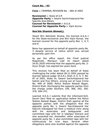 Court No. - 93
Case :- CRIMINAL REVISION No. - 484 of 2002
Revisionist :- State of U.P.
Opposite Party :- Swami Sachichida...