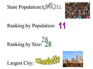 State Population: Ranking by Population: Ranking by Size: Largest City: 8,049,313 28 11 Charlotte