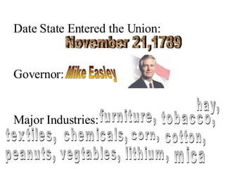 Date State Entered the Union: Governor: Major Industries: November 21,1789 Mike Easley furniture, tobacco, textiles, chemicals, corn, cotton, hay, peanuts, vegtables, lithium, mica