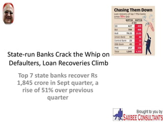 State-run Banks Crack the Whip on
Defaulters, Loan Recoveries Climb
Top 7 state banks recover Rs
1,845 crore in Sept quarter, a
rise of 51% over previous
quarter
 