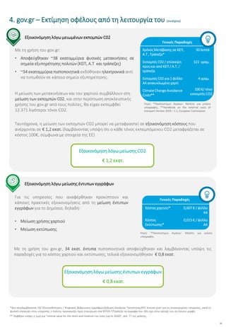25
Εξοικονόμηση λόγω μειωμένων εκπομπών C02
Γενικές Παραδοχές
Χρόνος Μετάβασης σε ΚΕΠ,
Α.Τ , Τράπεζα*
30 λεπτά
Εκπομπές C02 / επίσκεψη
προς και από ΚΕΠ / Α.Τ. /
τράπεζα
321 γραμ.
Εκπομπές C02 για 1 φύλλο
Α4 ανακυκλωμένο χαρτί
4 γραμ.
Climate Change Avoidance
Costs**
100 €/ τόνο
εκπομπής CO2
Γενικές Παραδοχές
Κόστος χαρτιού* 0,007 € / φύλλο
Α4
Κόστος
Εκτύπωσης*
0,015 € / φύλλο
Α4
Εξοικονόμηση λόγω μείωσης έντυπων εγγράφων
*Δεν περιλαμβάνονται ΥΔ/ Εξουσιοδοτήσεις / Ψηφιακές βεβαιώσεις εγγράφων/Δήλωση Απώλειας Ταυτότητας/KYC έντυπα γιατί για τις συγκεκριμένες υπηρεσίες, κατά τη
φυσική επίσκεψη στην υπηρεσία, ο πολίτης προσκομίζει προς επικύρωση στα ΚΕΠ/Α.Τ/Τράπεζα τα έγγραφα που ήδη έχει στην κατοχή του σε έντυπη μορφή.
Πηγή: *Πανεπιστήμιο Αιγαίου: Μελέτη για γνήσιο
υπογραφής, **Handbook on the external costs of
transport Version 2019 – 1.1, European Commission
Πηγή: *Πανεπιστήμιο Αιγαίου: Μελέτη για γνήσιο
υπογραφής
Με τη χρήση του gov.gr:
• Αποφεύχθηκαν ~38 εκατομμύρια φυσικές μετακινήσεις σε
σημεία εξυπηρέτησης πολιτών (ΚΕΠ, Α.Τ και τράπεζες)
• ~34 εκατομμύρια πιστοποιητικά εκδόθηκαν ηλεκτρονικά αντί
να τυπωθούν σε κάποιο σημείο εξυπηρέτησης.
Η μείωση των μετακινήσεων και του χαρτιού συμβάλλουν στη
μείωση των εκπομπών C02, και στην περίπτωση αποκλειστικής
χρήσης του gov.gr από τους πολίτες, θα είχαν εκπεμφθεί
12.371 λιγότεροι τόνοι CO2.
Εξοικονόμηση λόγω μείωσης CO2
€ 1,2 εκατ.
Εξοικονόμηση λόγω μείωσης έντυπων εγγράφων
€ 0,8 εκατ.
Για τις υπηρεσίες που αναφέρθηκαν προκύπτουν και
κάποιες πρακτικές εξοικονομήσεις από τη μείωση έντυπων
εγγράφων για το Δημόσιο, δηλαδή:
• Μείωση χρήσης χαρτιού
• Μείωση εκτύπωσης
Με τη χρήση του gov.gr, 34 εκατ. έντυπα πιστοποιητικά αποφεύχθηκαν και λαμβάνοντας υπόψη τις
παραδοχές για το κόστος χαρτιού και εκτύπωσης, τελικά εξοικονομήθηκαν € 0,8 εκατ.
** Λήφθηκε υπόψη η τιμή για “central value for the short-and-medium-run costs (up to 2030)”, σελ. 77 της μελέτης.
Ταυτόχρονα, η μείωση των εκπομπών CΟ2 μπορεί να μεταφραστεί σε εξοικονόμηση κόστους που
ανέρχονται σε € 1,2 εκατ. (λαμβάνοντας υπόψη ότι ο κάθε τόνος εκπεμπόμενου CO2 μεταφράζεται σε
κόστος 100€, σύμφωνα με στοιχεία της ΕΕ)
4. gov.gr – Εκτίμηση οφέλους από τη λειτουργία του (συνέχεια)
 