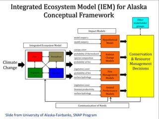 canopy cover
probability of fire
species composition
vegetation cover
probability of fire
surface hydrology
probability of thermokarst Habitat
Change
Models
Fire
Management
Models
Animal
Performance
Models
vegetation cover
biomass productivity
surface hydrology
Integrated Ecosystem Model (IEM) for Alaska
Conceptual Framework
Vegetatio
n
Climate
Change
Integrated Ecosystem Model
Fire Permafrost
Hydrology
Hypothetical
Model
model output x
model output y
Impact Models
Conservation
& Resource
Management
Decisions
Other
stakeholder
groups
Communication of Needs
Slide from University of Alaska-Fairbanks, SNAP Program
 