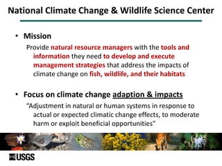 National Climate Change & Wildlife Science Center
• Mission
Provide natural resource managers with the tools and
information they need to develop and execute
management strategies that address the impacts of
climate change on fish, wildlife, and their habitats
• Focus on climate change adaption & impacts
“Adjustment in natural or human systems in response to
actual or expected climatic change effects, to moderate
harm or exploit beneficial opportunities"
 