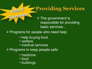 Providing Services  The government is responsible for providing basic services…  Programs for people who need help: Programs to keep people safe: welfare  medical services help buying food food buildings medicine Roles of Government 
