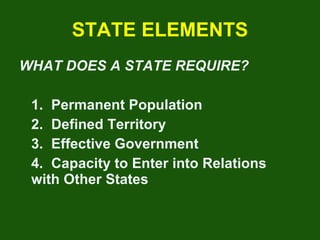 STATE ELEMENTS WHAT DOES A STATE REQUIRE? 1. Permanent Population 2. Defined Territory 3. Effective Government 4. Capacity to Enter into Relations  with Other States 