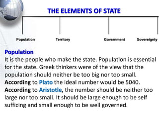 THE ELEMENTS OF STATE 
Population Territory Government Sovereignty 
Population 
It is the people who make the state. Population is essential 
for the state. Greek thinkers were of the view that the 
population should neither be too big nor too small. 
According to Plato the ideal number would be 5040. 
According to Aristotle, the number should be neither too 
large nor too small. It should be large enough to be self 
sufficing and small enough to be well governed. 
 