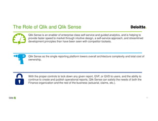 1313
The Role of Qlik and Qlik Sense
Qlik Sense is an enabler of enterprise class self-service and guided analytics, and is helping to
provide faster speed to market through intuitive design, a self-service approach, and streamlined
development principles than have been seen with competitor toolsets.
Qlik Sense as the single reporting platform lowers overall architecture complexity and total cost of
ownership.
With the proper controls to lock down any given report, QVF, or QVD to users, and the ability to
continue to create and publish operational reports, Qlik Sense can satisfy the needs of both the
Finance organization and the rest of the business (actuarial, claims, etc.).
 