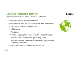 1818
Levers to Accelerate Delivery
Deloitte’s Delivery Methodology and Accelerators
Leveraged offshore engagement model
Deloitte Analytics Accelerator for Insurance (AAI) accelerators
− Conceptual Information Models (CIM)
− KPI libraries
− Playbooks
Deloitte’s Enterprise Value Delivery (EVD) for Agile Analytics
− SCRUM: Focus on short-term goals, story points
− Kanban: Focus on improving throughput through continuous
process improvement
Strong vendor alliance between Deloitte and Qlik
 