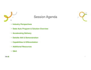 22
• Industry Perspectives
• State Auto Program & Solution Overview
• Accelerating Delivery
• Deloitte AAI & Demonstration
• Capabilities & Differentiation
• Additional Resources
• Q&A
Session Agenda
 