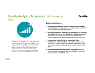 2020
Deloitte Analytics Accelerator for Insurance
(AAI)
Delivery Highlights:
• Dimensional modeling in the EDW at the transactional level
accelerates delivery and preserves the ability to scale and add new
sources without recalculating data marts
• Shifting from being IT dependent to empowering the business
through self-service as an Insight Driven Organization using
Qlik to help users understand their data and drive their own
insights, fostering governed collaboration across the enterprise
• Employing an Amazon Web Services (AWS) cloud
infrastructure that enables State Auto to drive down IT costs,
removing the need for infrastructure scaling by leveraging elastic
web-scale computing and deployment to multiple regions of the
world
• Deloitte’s delivery methodology and accelerators delivered
enterprise class analytical solutions and packaged financial and
billing reports to support State Auto
 